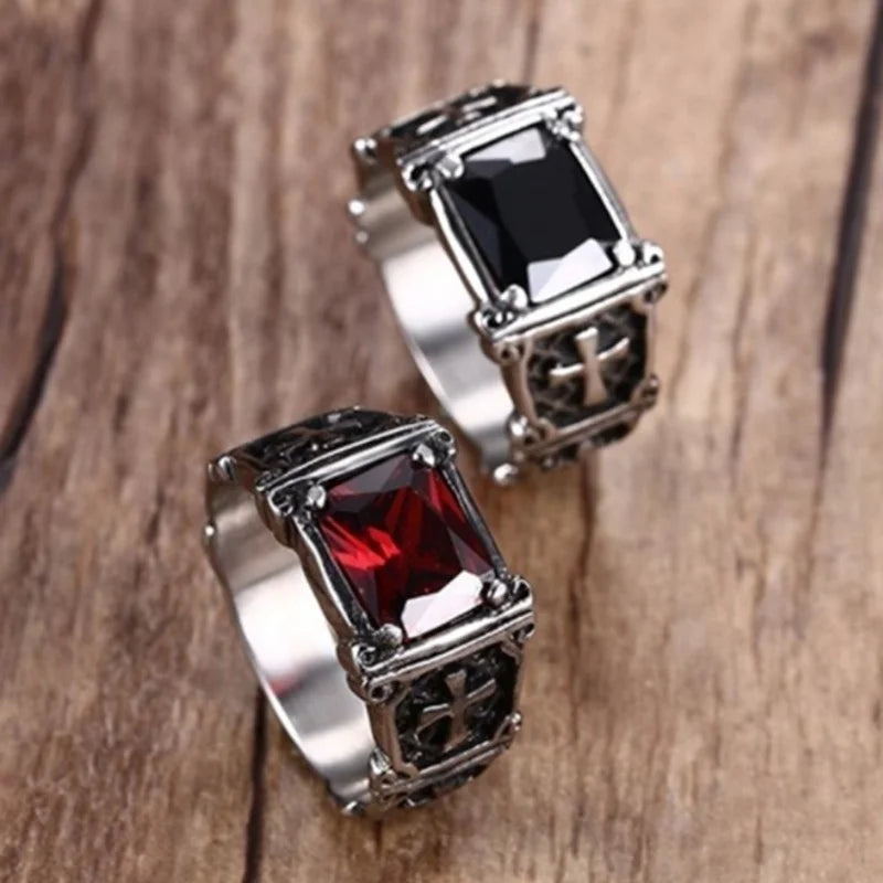 Fashion Personality Exquisite Red Zircon Cross Pattern Ring Charm Men's Party Jewelry Accessories Amulet Gift