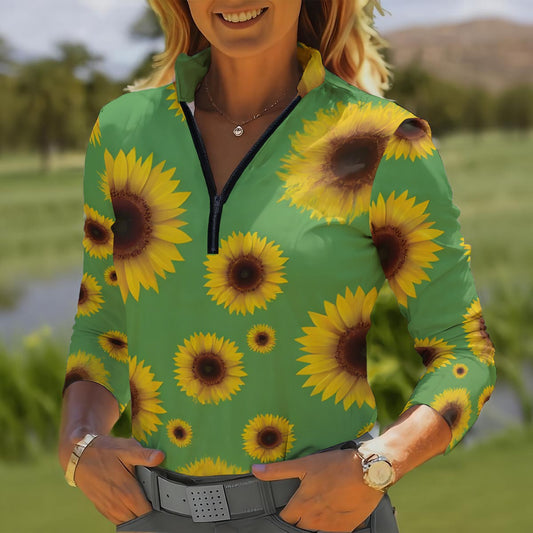 All-Over Print Women's Quarter Zip Sport Shirt With  Long Sleeve
