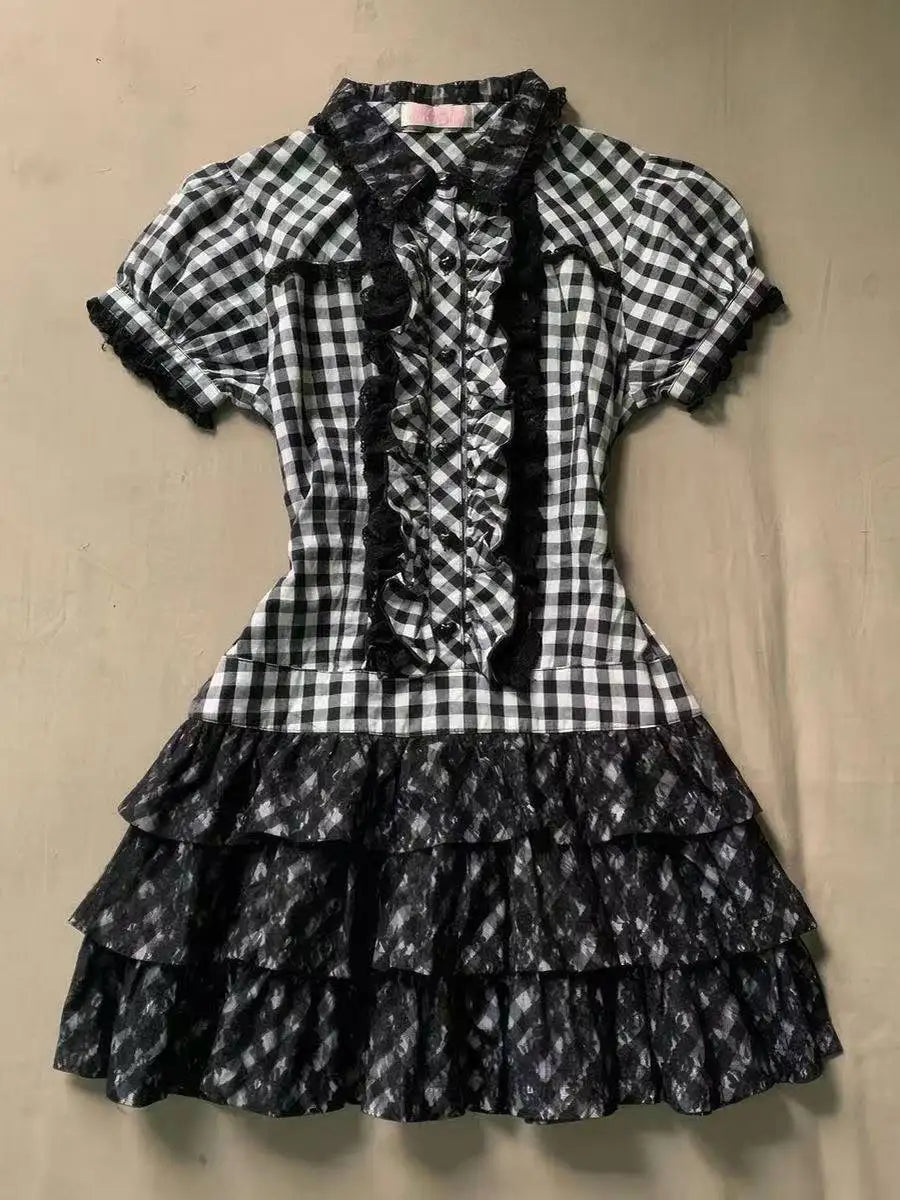 Japanese Gothic Style Striped Bow Lolita Dress Women Lace Slim Bandage Shirt Dresses Y2k Aesthetics Party Mini Dresses Design