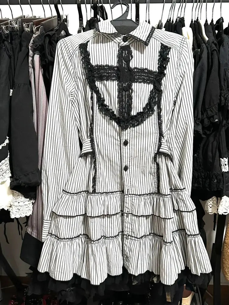 Japanese Gothic Style Striped Bow Lolita Dress Women Lace Slim Bandage Shirt Dresses Y2k Aesthetics Party Mini Dresses Design