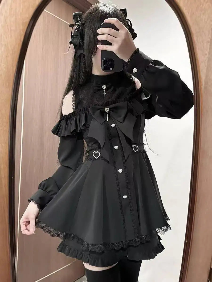 Japanese Gothic Style Striped Bow Lolita Dress Women Lace Slim Bandage Shirt Dresses Y2k Aesthetics Party Mini Dresses Design