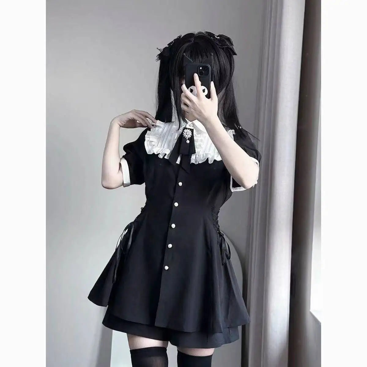 Japanese Gothic Style Striped Bow Lolita Dress Women Lace Slim Bandage Shirt Dresses Y2k Aesthetics Party Mini Dresses Design