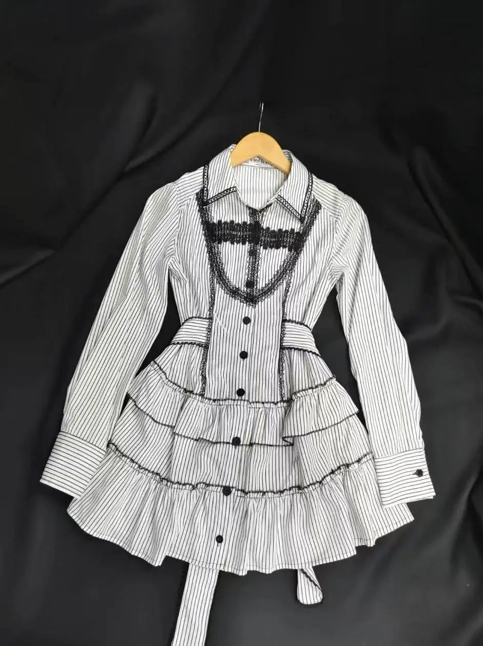 Japanese Gothic Style Striped Bow Lolita Dress Women Lace Slim Bandage Shirt Dresses Y2k Aesthetics Party Mini Dresses Design