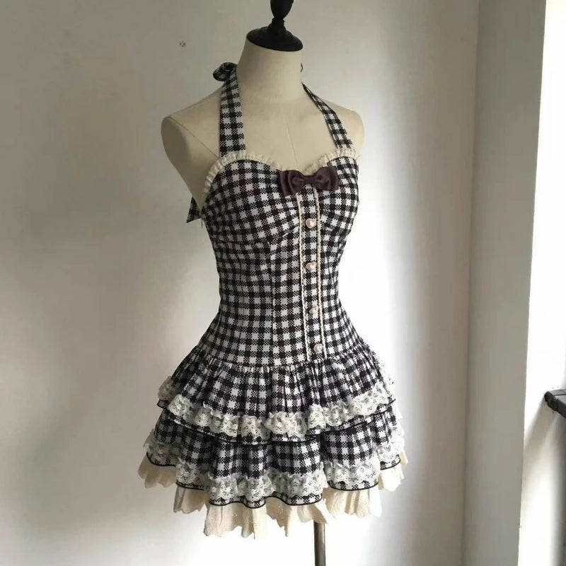 Japanese Gothic Style Striped Bow Lolita Dress Women Lace Slim Bandage Shirt Dresses Y2k Aesthetics Party Mini Dresses Design