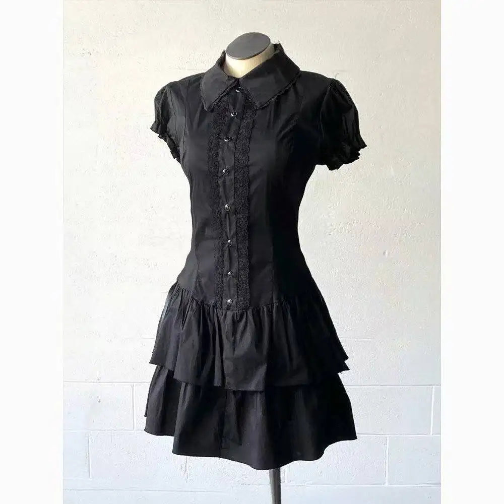 Japanese Gothic Style Striped Bow Lolita Dress Women Lace Slim Bandage Shirt Dresses Y2k Aesthetics Party Mini Dresses Design
