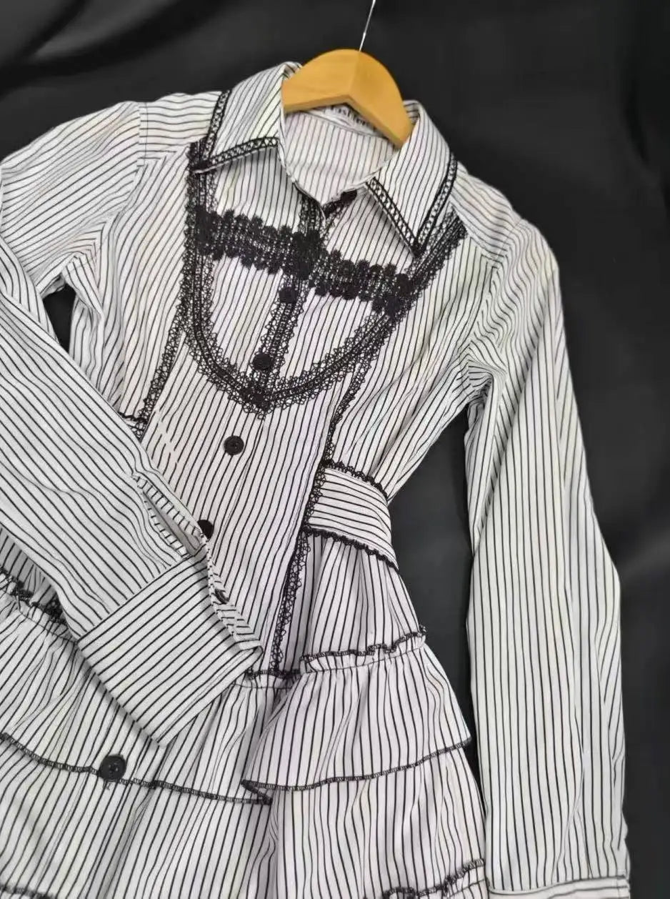 Japanese Gothic Style Striped Bow Lolita Dress Women Lace Slim Bandage Shirt Dresses Y2k Aesthetics Party Mini Dresses Design