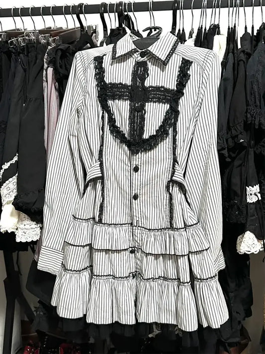 Japanese Gothic Style Striped Bow Lolita Dress Women Lace Slim Bandage Shirt Dresses Y2k Aesthetics Party Mini Dresses Design