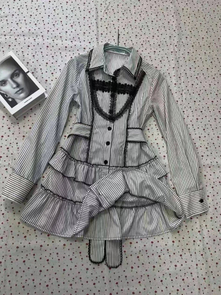 Japanese Gothic Style Striped Bow Lolita Dress Women Lace Slim Bandage Shirt Dresses Y2k Aesthetics Party Mini Dresses Design