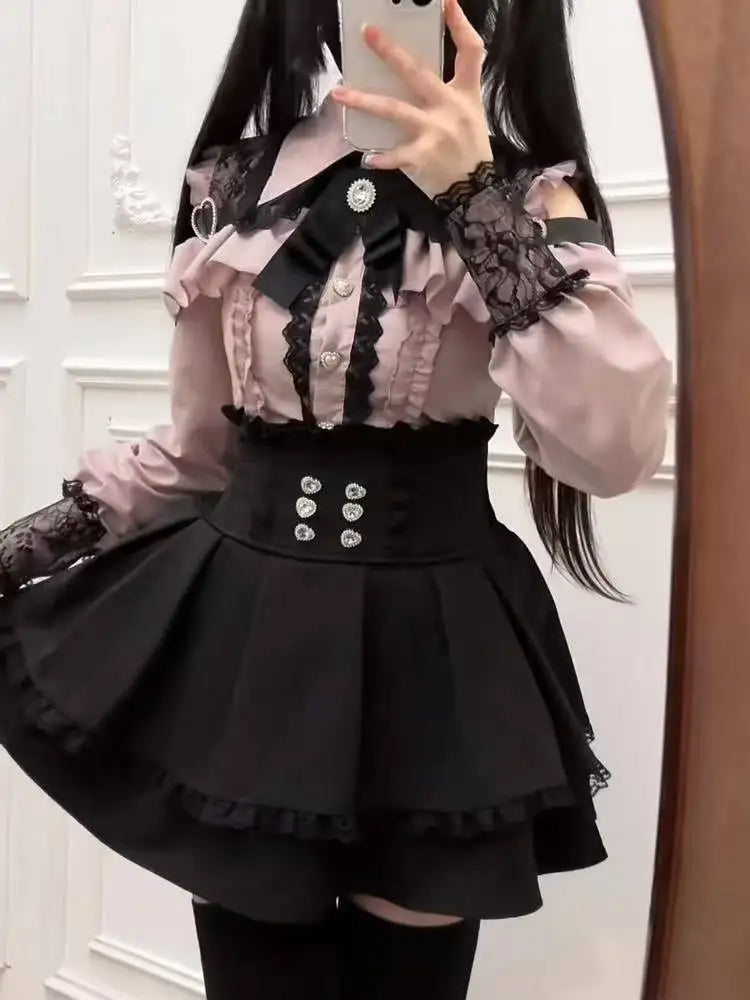 Japanese Gothic Style Striped Bow Lolita Dress Women Lace Slim Bandage Shirt Dresses Y2k Aesthetics Party Mini Dresses Design
